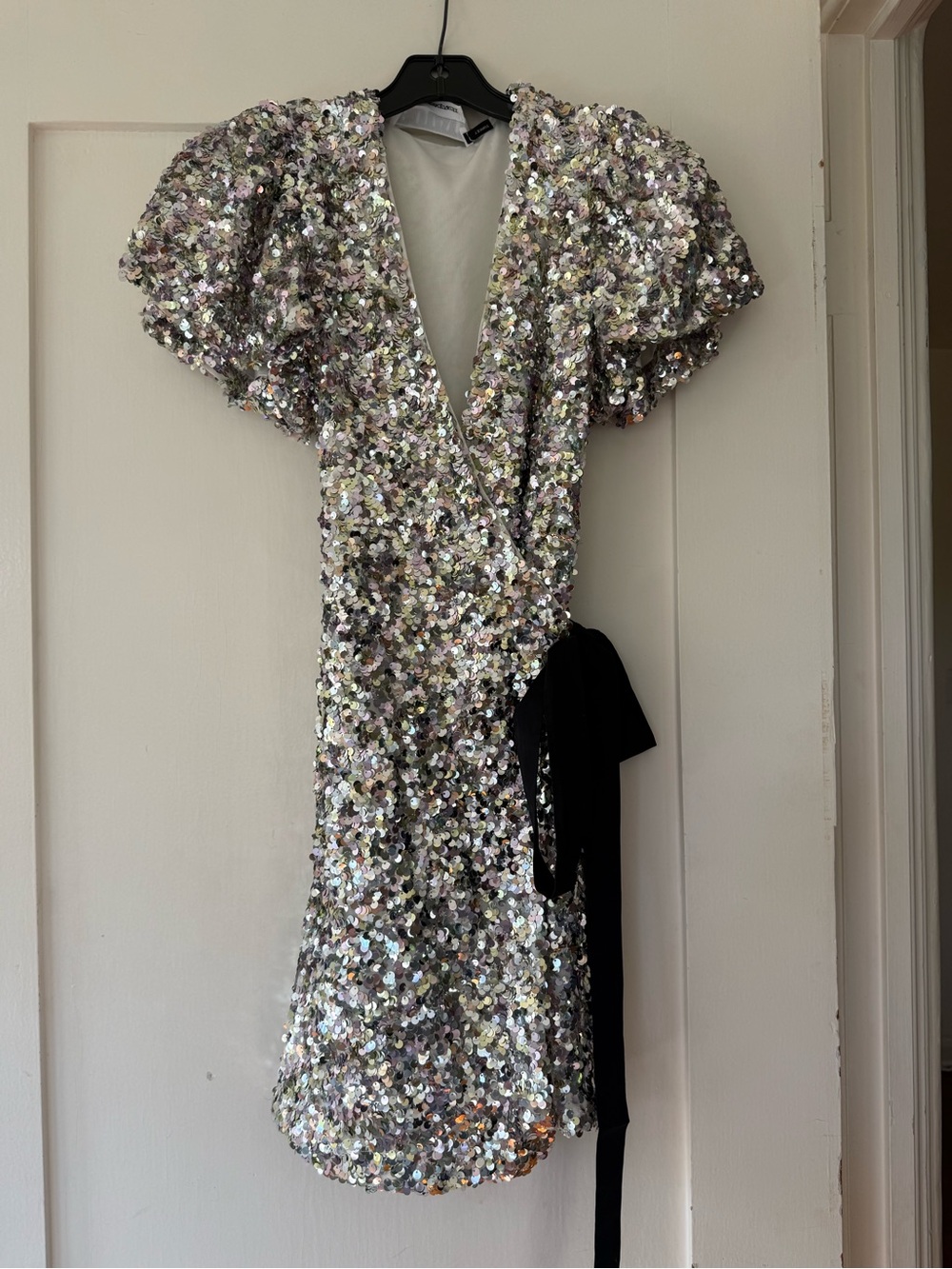 Rotate Frida Silver Sequin Wrap Dress with Black Sash